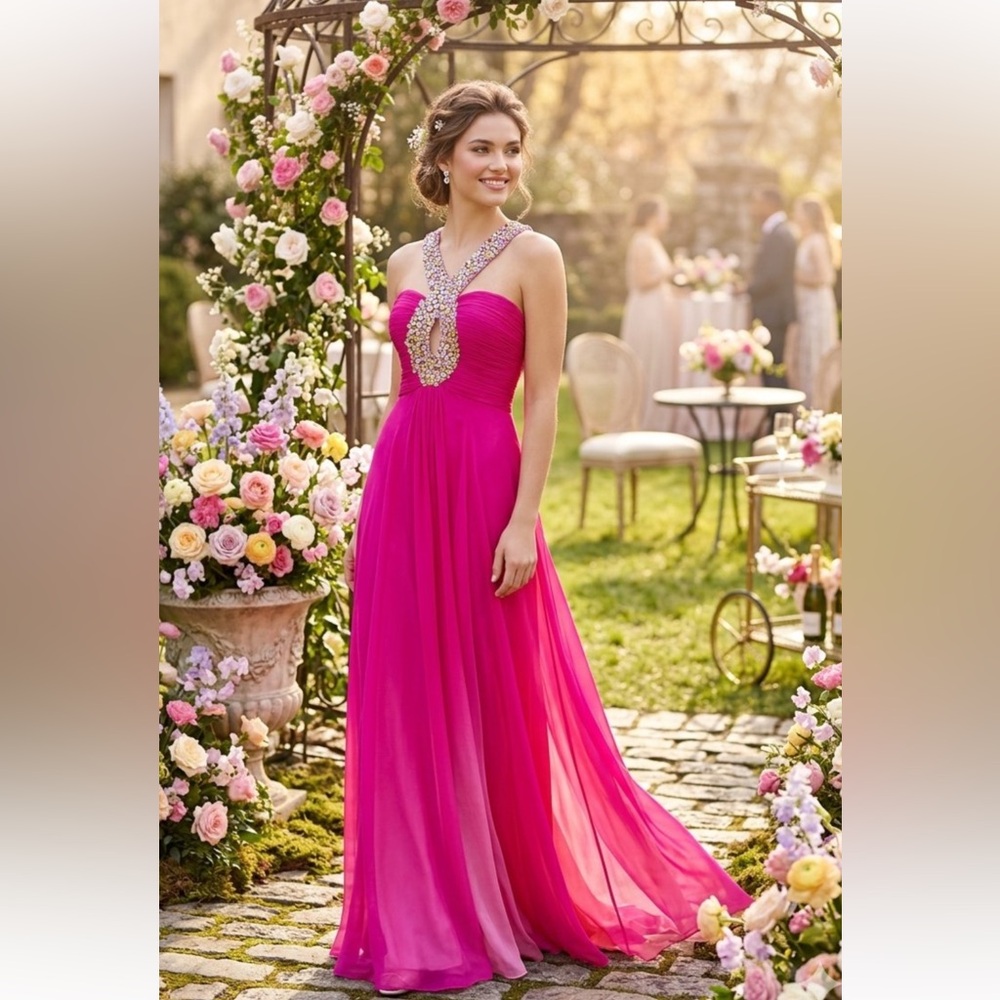 Sherri Hill Fuchsia Beaded Halter Maxi Gown size 2